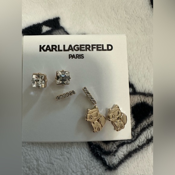 Karl Lagerfeld 3pc Set Crystal & Choupette Stud Earrings - Picture 3 of 6